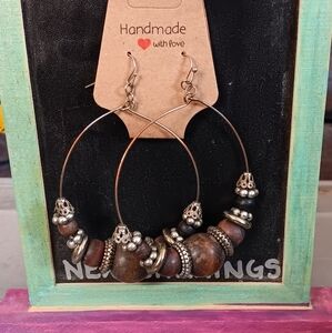 Handmade Brown Bead and Silver Hoop Earrings